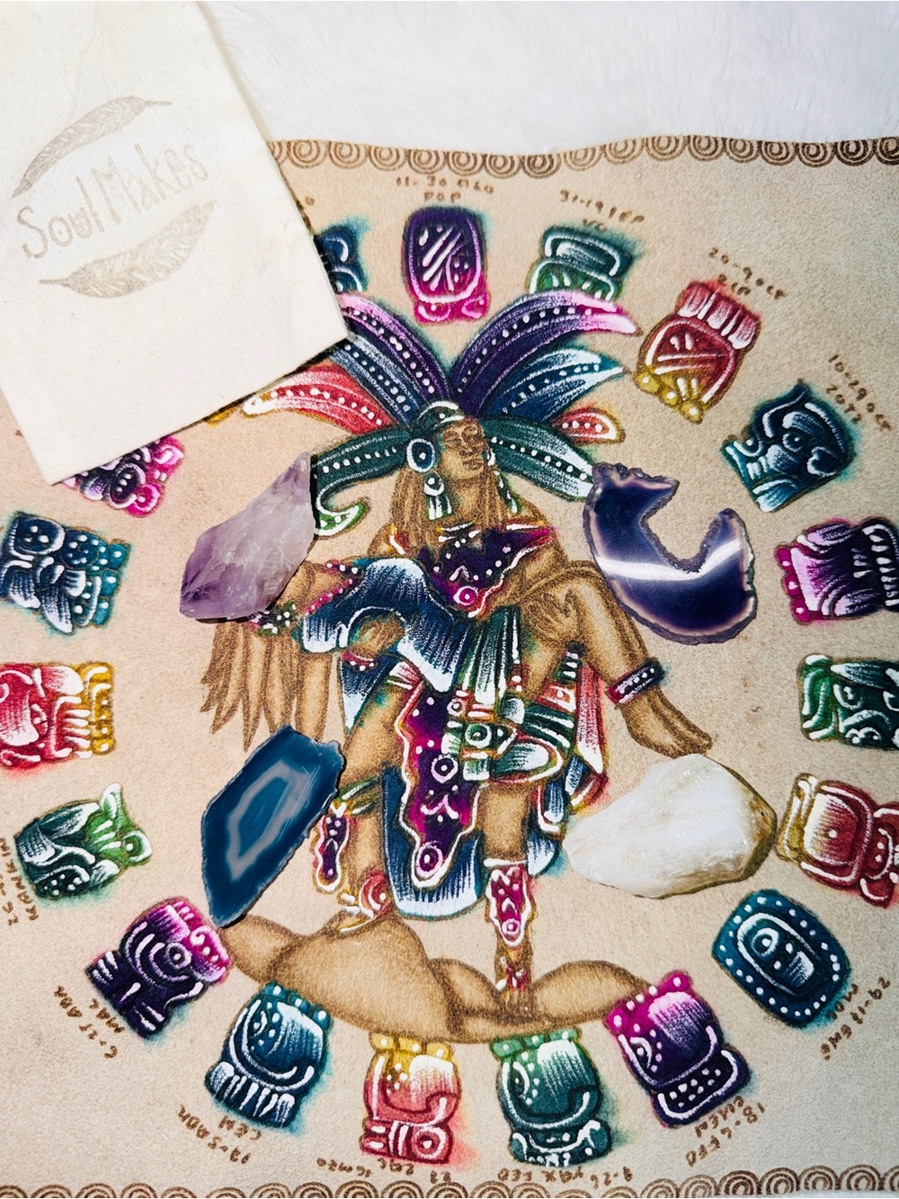 SoulMakes Aztec Ritual Cloth with Calendar Motif On Leather + 5 Crystals π - Picture 3 of 3